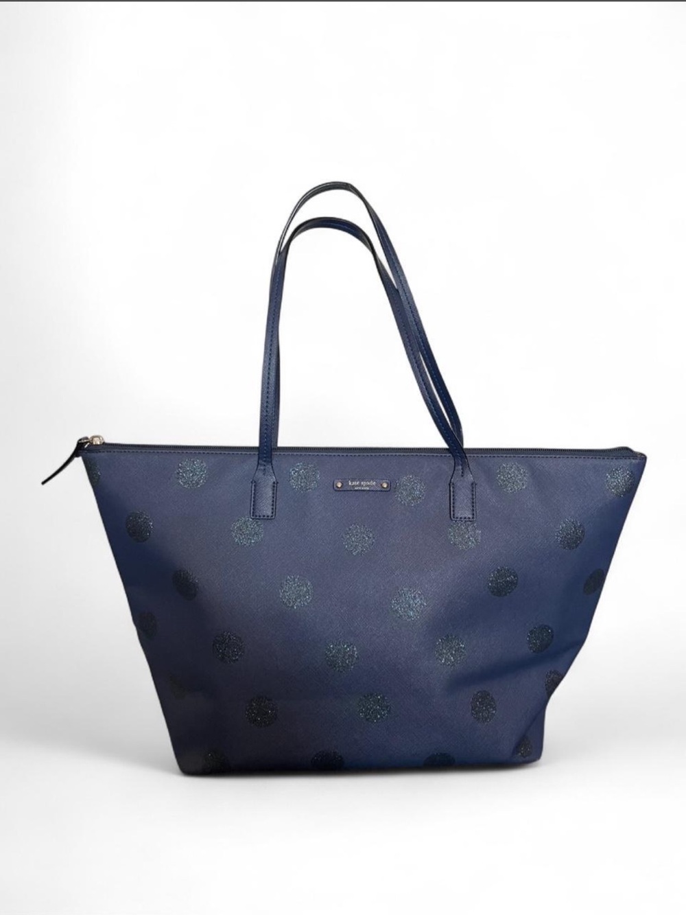 Kate Spade Navy Glitter Polka Dot Leather Trim Tote Bag
